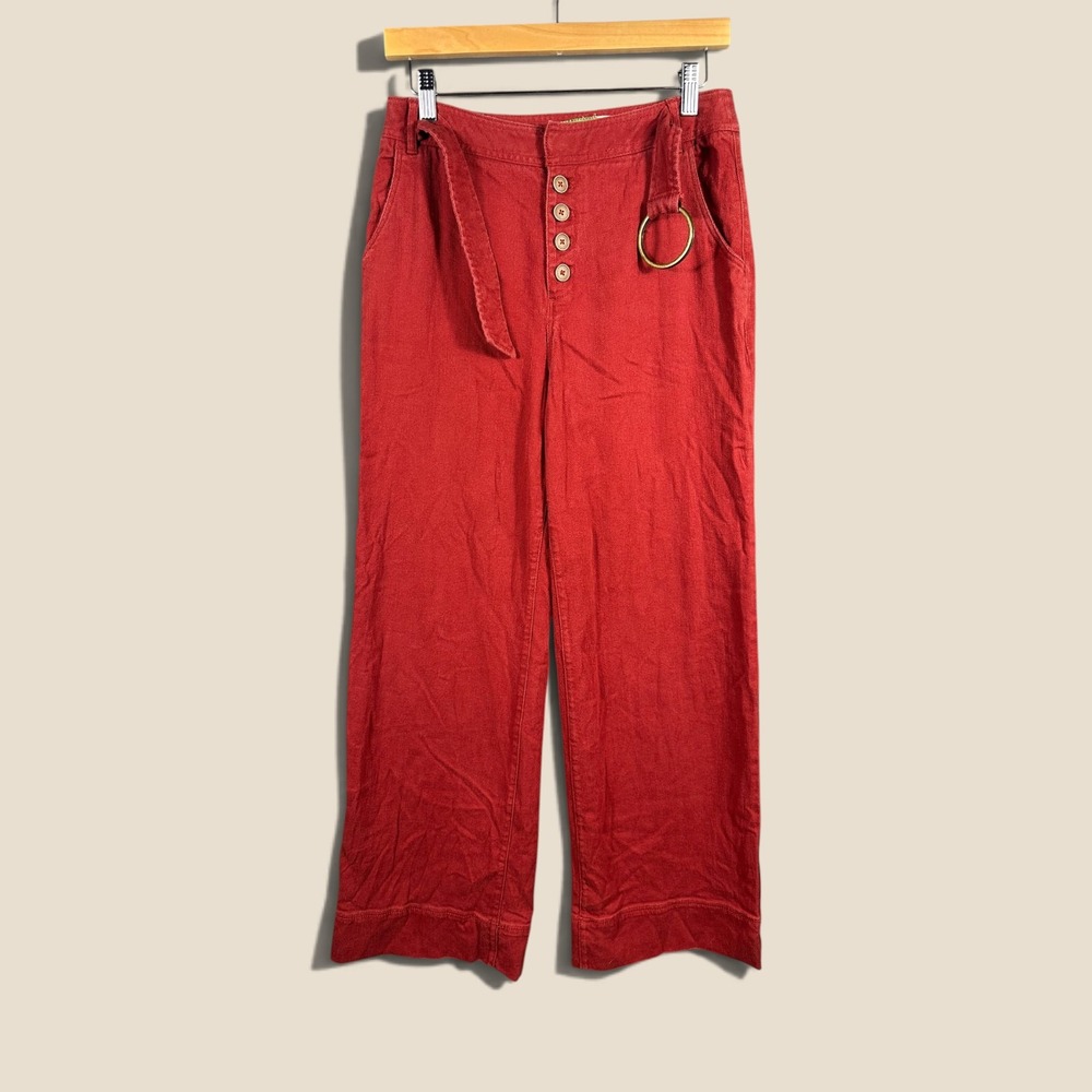 Anthropologie Red Wide Leg Button Fly O-Ring Belted Pants Size 8 OB897882